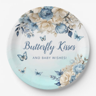 Modern Boho floral blue Butterfly girl baby shower Paper Plate