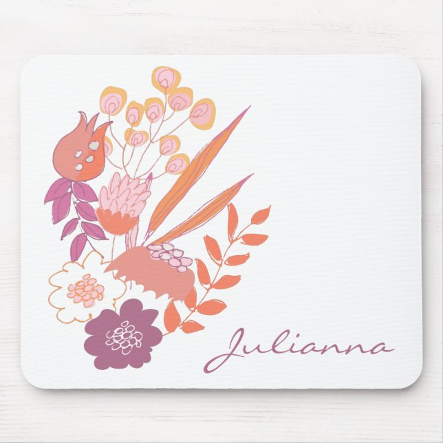 Modern Boho Floral Bouquet Illustration Name Mouse Mat (Front)