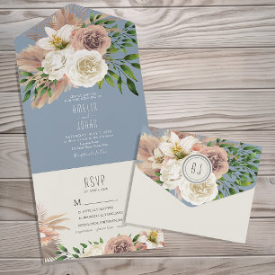 Modern Boho Floral Dusty Blue Wedding  All In One Invitation
