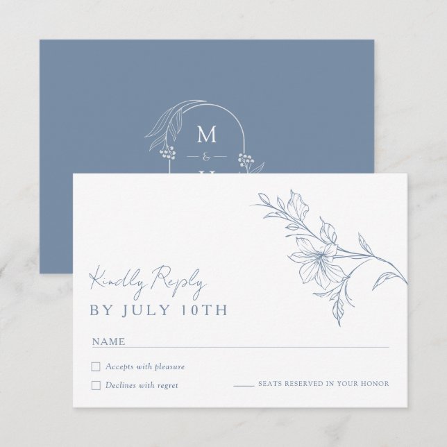Modern Boho Floral Dusty Blue Wedding RSVP Card (Front/Back)