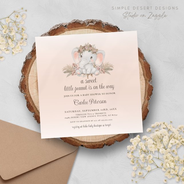 Modern Boho Floral Elephant Baby Shower Invitation (Modern Boho Blush Pink Floral Elephant Baby Shower Invitation for Gender Neutral Boy or Girl Party)