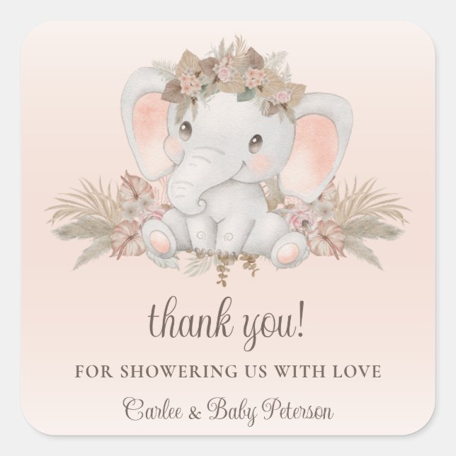 Modern Boho Floral Elephant Baby Shower Sticker (Front)