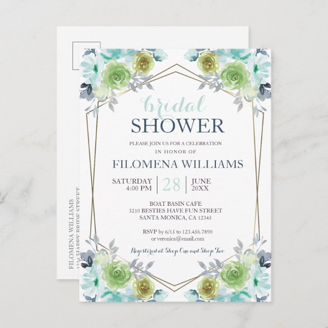Modern Boho Floral Geometric Bridal Shower   Invit Invitation Postcard (Front/Back)