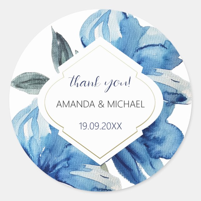 Modern Boho Floral Indigo Blue Abstract Classic Round Sticker (Front)