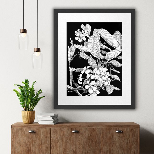 Modern Boho Floral Ink Sketch Wall Art Print (Boho Floral Blossoms Black Ink Drawing Wall Print)