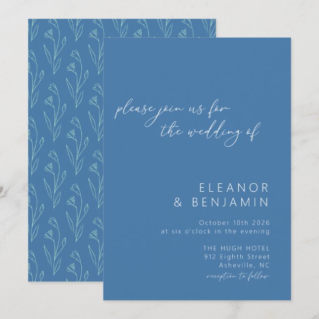 Modern Boho Floral Line Art Blue Script Wedding Invitation (Front/Back)