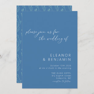 Modern Boho Floral Line Art Blue Script Wedding Invitation