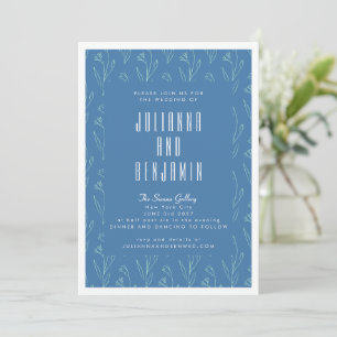 Modern Boho Floral Line Art Drawing Blue Wedding Invitation