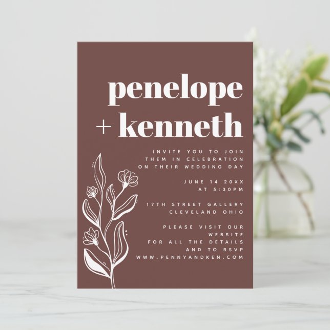 Modern Boho Floral Minimalist Brown Wedding Invitation (Standing Front)
