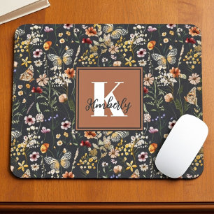 Modern Boho Floral Monogram Name Mouse Mat