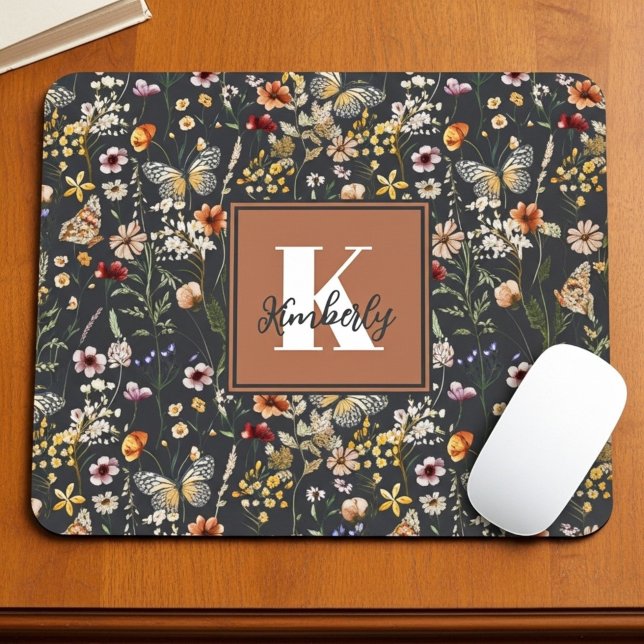 Modern Boho Floral Monogram Name Mouse Mat (Creator Uploaded)