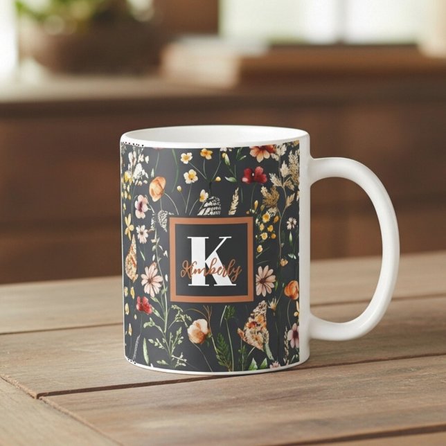Modern Boho Floral Monogrammed Coffee Mug (Creator Uploaded)