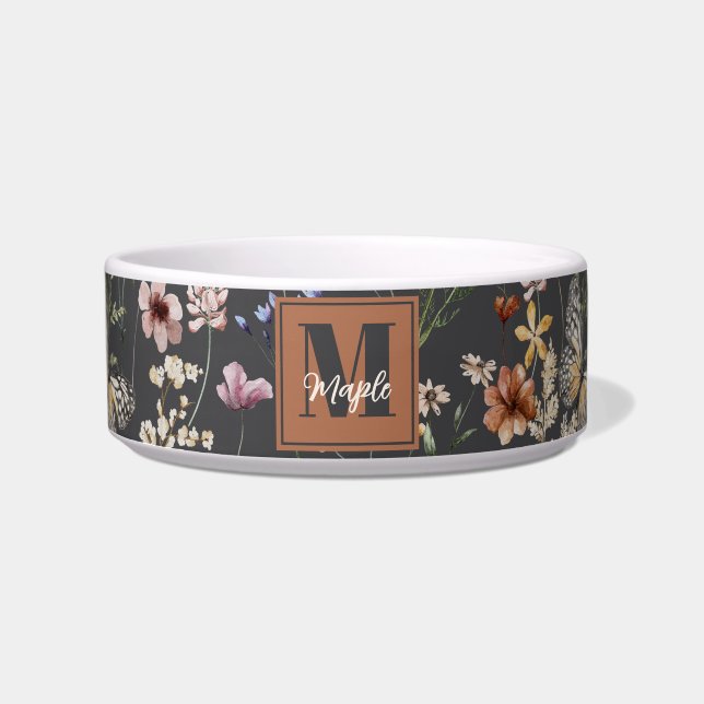 Modern Boho Floral Monogrammed Pet  Bowl (Front)