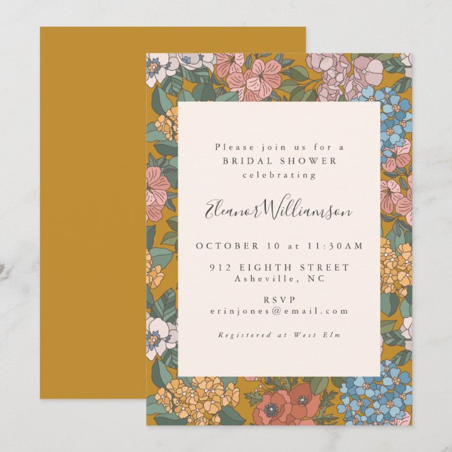 Modern Boho Floral Mustard Yellow Bridal Shower Invitation (Front/Back)