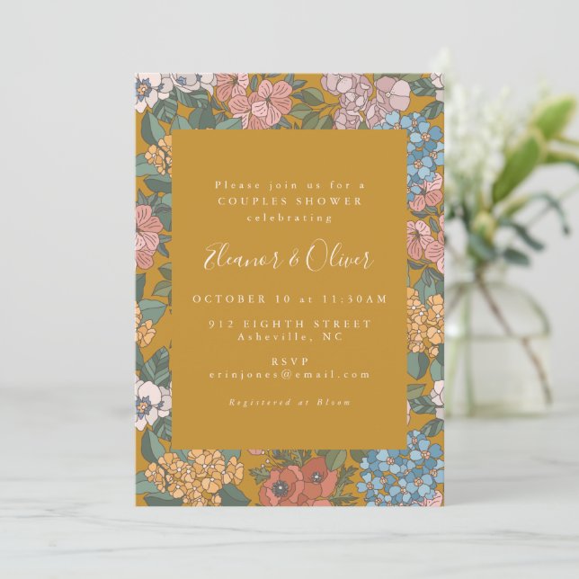 Modern Boho Floral Mustard Yellow Couples Shower Invitation (Standing Front)