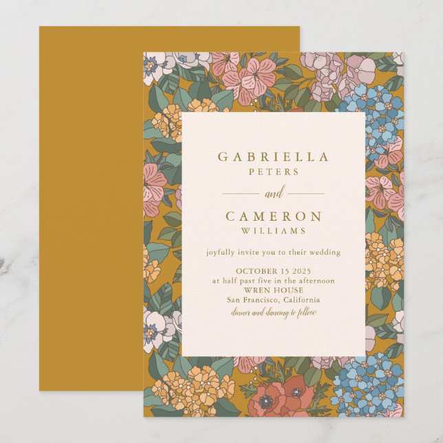 Modern Boho Floral Mustard Yellow Wedding Invitation (Front/Back)