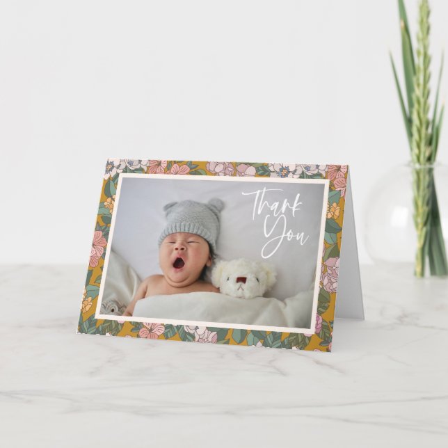 Modern Boho Floral Newborn Photo Baby Shower Thank You Card (Front)