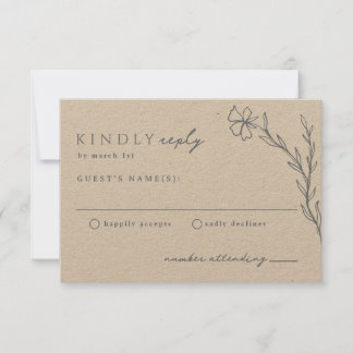 Modern Boho Floral Outline in Dusty Blue on Kraft RSVP Card