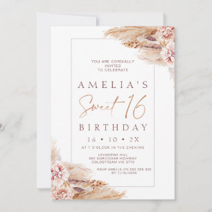 Modern Boho Floral Pampas Grass 16th Birthday Invi Invitation