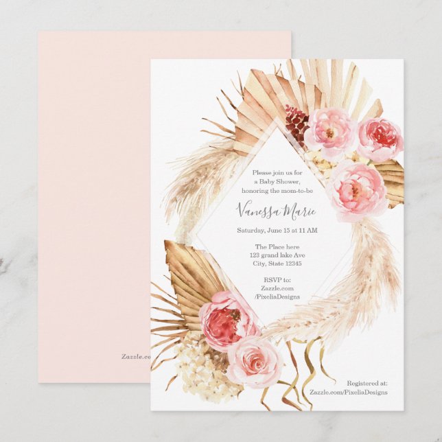 Modern Boho floral pampas grass baby shower Invitation (Front/Back)