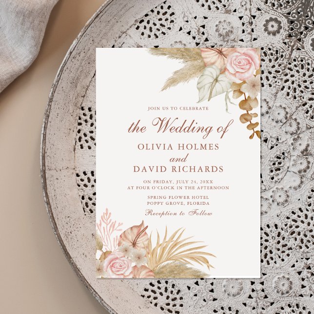 Modern Boho Floral Pampas Grass Wedding Invitation (Modern Boho Floral Pampas Grass Wedding Invitation on beautiful neutral boho plate.)