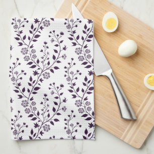 Modern Boho Floral Pattern Plum White Tea Towel