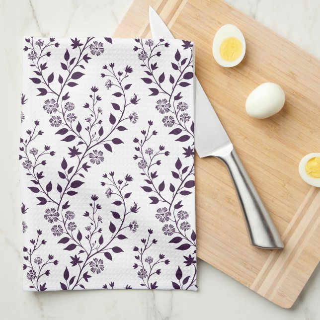 Modern Boho Floral Pattern Plum White Tea Towel (Quarter Fold)