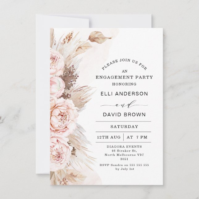Modern Boho Floral Peonies Pampas Grass Engagement Invitation (Front)