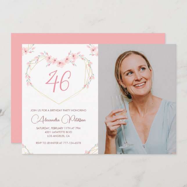 Modern Boho Floral Photo 46th birthday invitation (Front/Back)