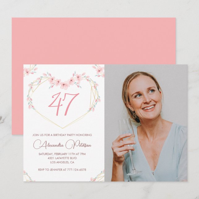 Modern Boho Floral Photo 47th birthday invitation (Front/Back)