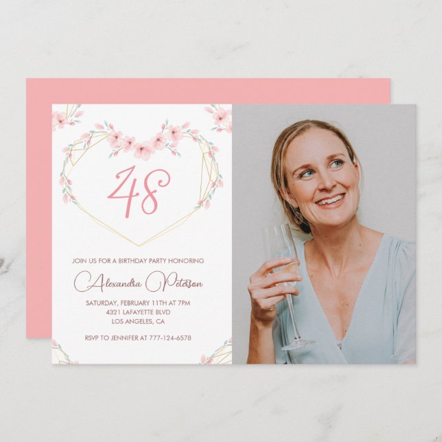 Modern Boho Floral Photo 48th birthday invitation (Front/Back)