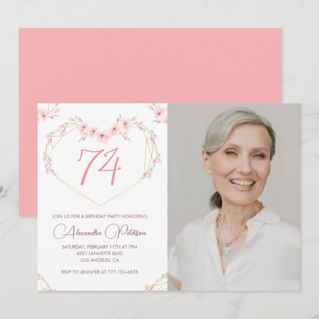 Modern Boho Floral Photo 74th birthday invitation (Front/Back)