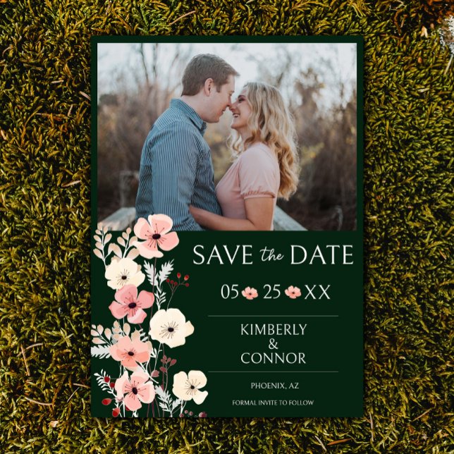 Modern Boho Floral Photo | Emerald Green Save The Date (Emerald Green Modern Boho Floral Photo Save the Date)