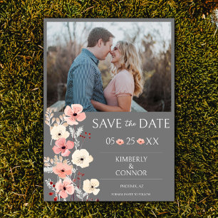 Modern Boho Floral Photo Save the Date Grey