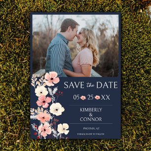 Modern Boho Floral Photo Save the Date Navy Blue