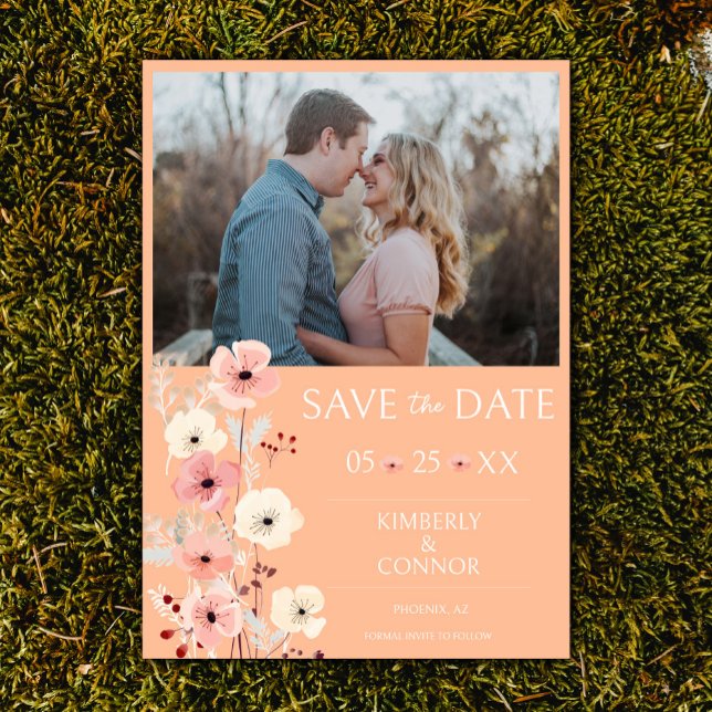 Modern Boho Floral Photo Save the Date | Peach (Peach Fuzz Modern Boho Floral Photo Save the Date)