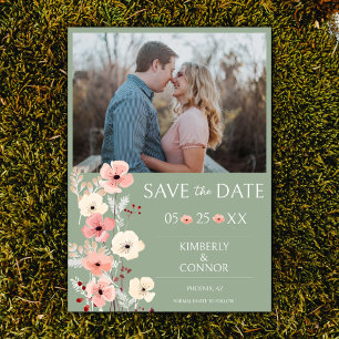 Modern Boho Floral Photo Save the Date Sage Green
