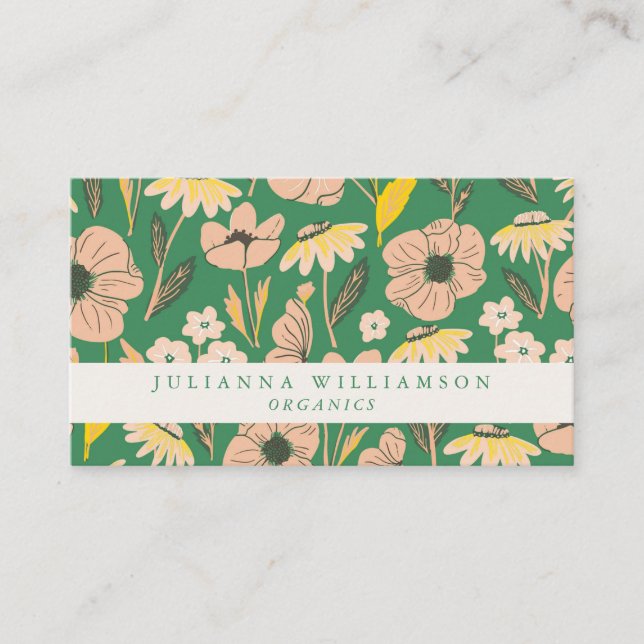 Modern Boho Floral Pink Green Colourful Business Card (Front)