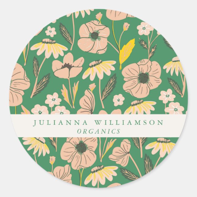 Modern Boho Floral Pink Green Colourful Business Classic Round Sticker (Front)