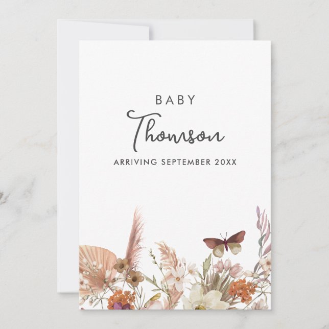 Modern Boho Floral Pregnancy Announcement Card (Front)