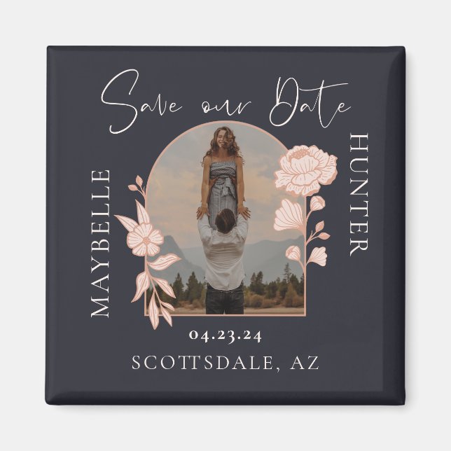 Modern Boho Floral Rose Photo Arch Navy Magnet (Front)