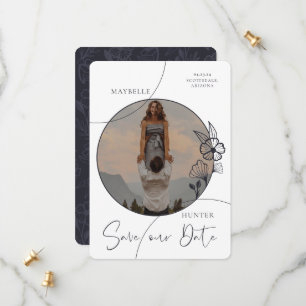 Modern Boho Floral Rose Photo Circle Navy & White Save The Date