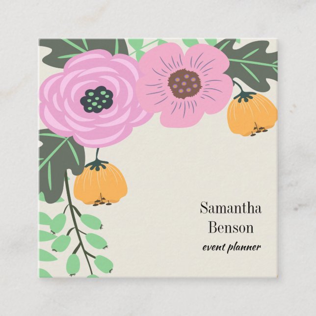 Modern Boho Floral Square Business Card (Front)