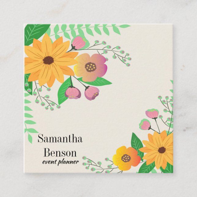 Modern Boho Floral Square Business Card (Front)
