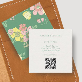 Modern Boho Floral Square QR  Business Card
