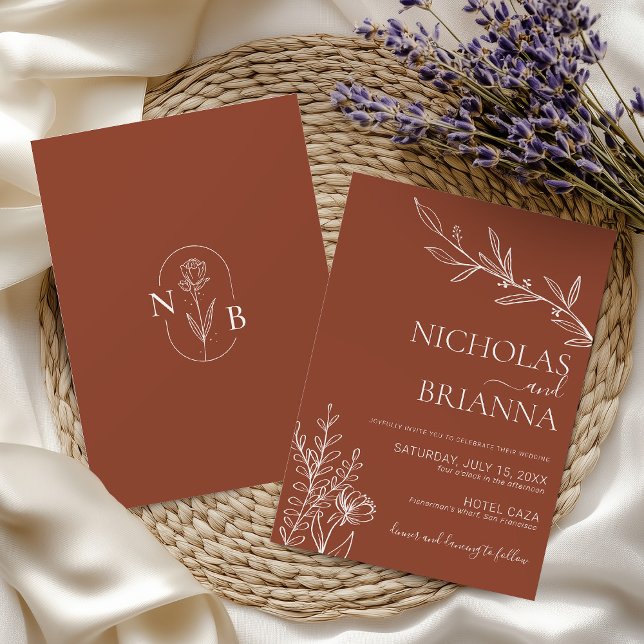 Modern Boho Floral Terracotta Burnt Orange Wedding Invitation (Creator Uploaded)