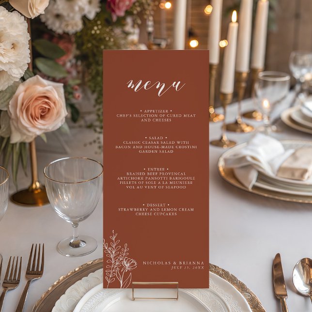 Modern Boho Floral Terracotta Burnt Orange Wedding Menu (Creator Uploaded)
