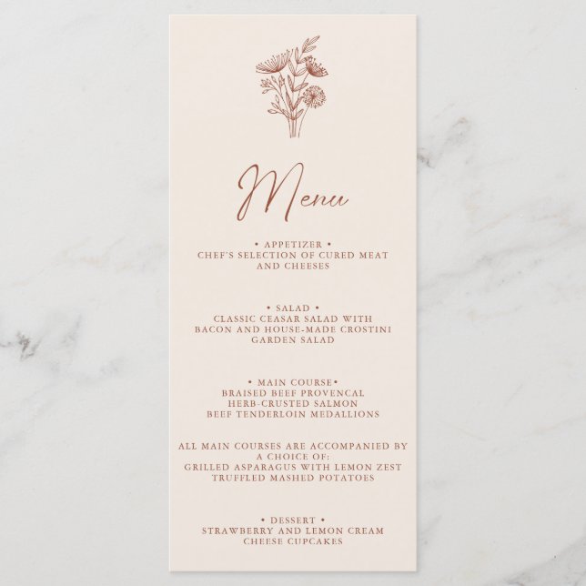 Modern Boho Floral Terracotta Burnt Orange Wedding Menu (Front)