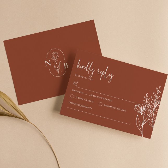 Modern Boho Floral Terracotta Burnt Orange Wedding RSVP Card (Creator Uploaded)