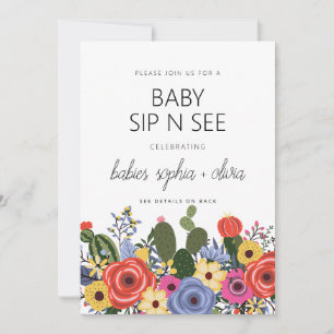 Modern Boho Floral Twin Baby Sip And See Invitation
